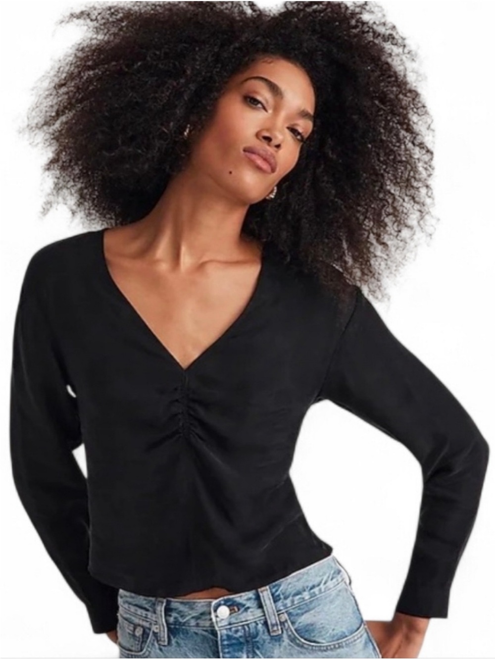 NWT Madewell Black V-Neck Ruched Center Long Sleeve Top